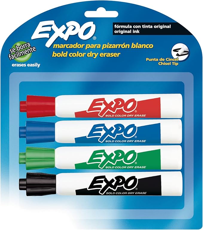 EXPO Original Dry Erase Markers, Chisel Tip, Assorted Colors, 4 Pack