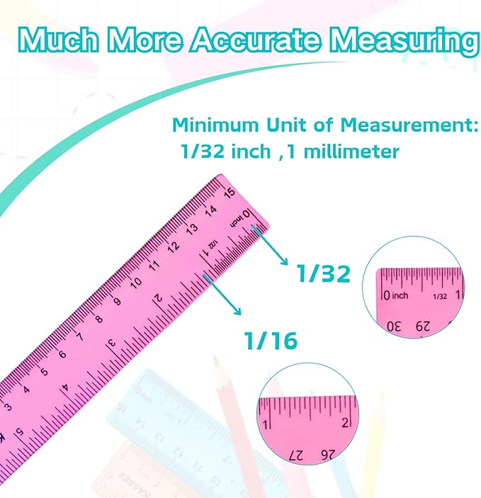 6 Inch Rulers, Colored Clear Rulers, Centimeters and Inches, Plastic Ruler for Kids, School, Home, Office, Pack of 7