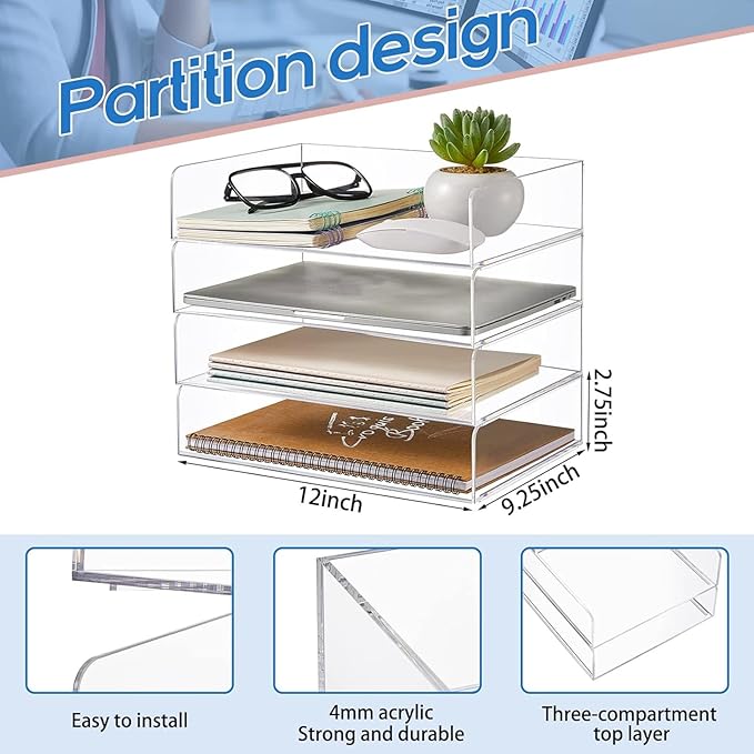 Harloon 4 Tier Acrylic Paper Tray Paper Organizer for Desk Clear File Organizer 12. 4 x 8. 7 x 2. 7 Inches File Tray for Office Workspace Desktop Storage, No Need to Assemble (Transparent)