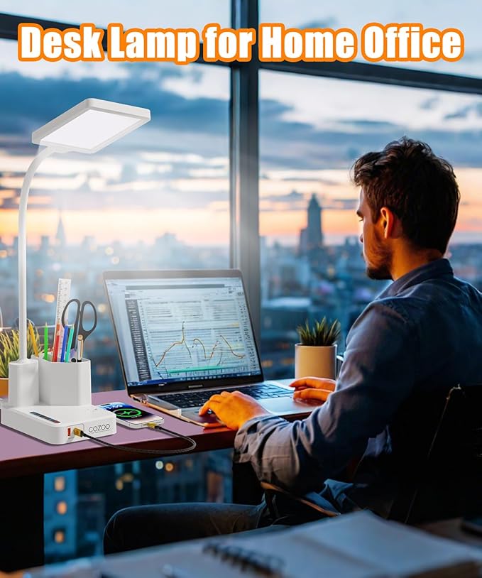 Desk Lamp, LED Desk Lamps for Home Office with 2 USB Charging Port/Outlet/Organizer,Desk Lamp for College Dorm Eye-Caring Study Light,Gooseneck Table Lamp with Pen Holders/Storage,9 Lighting Modes
