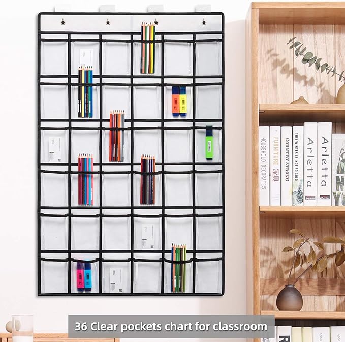 2 Pack 36 Pockets Classroom Pocket Chart for Cell Phone Calculator Holder,Clear Pocket Chart Organizer for Classroom Cellphone Storage with 36 Number Sticker Size:38.5x25.7 Inch (White-2pack)