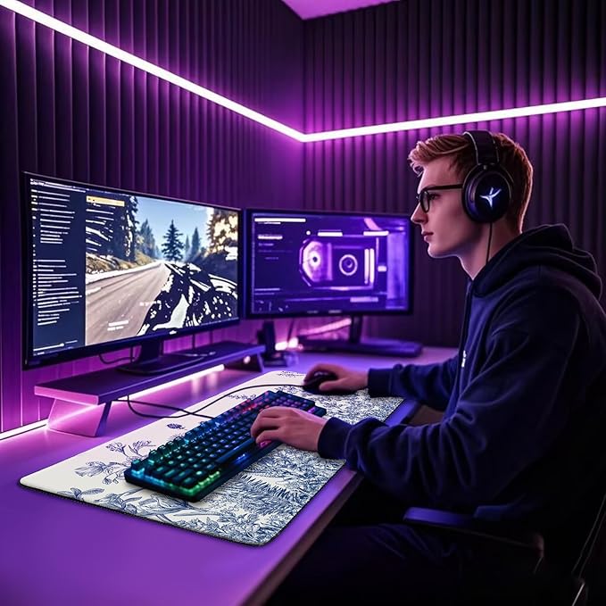 Narcissus Blue Floral Large Gaming Mouse Pad 31.5"x15.7"｜ Flower XXL Desk Mat, Non-Slip Rubber Base & Stitched Edges - Extended Waterproof Mousepad for PC/Laptop/Office/Home Decor