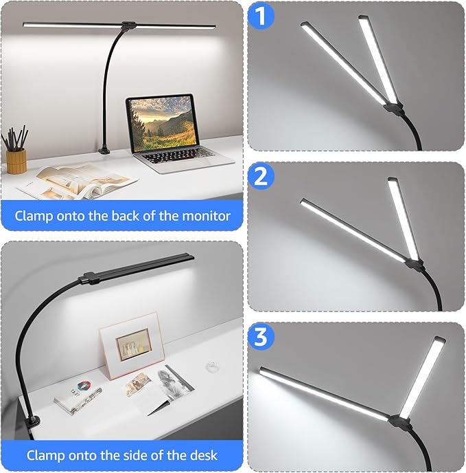 ShineTech LED Desk Lamp for Home Office, 5000K Bright Double Head Architect Task Lamps with Clamp, Dimmable Adjustable Flexible Gooseneck, Black