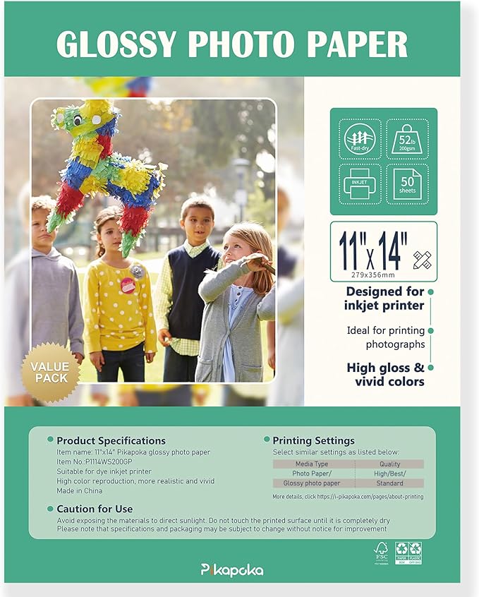 11x14 Glossy Photo Paper, Photo Quality Paper for Inkjet Printer, 50 Pack, 52lb/200gsm (P1114WS200GP)