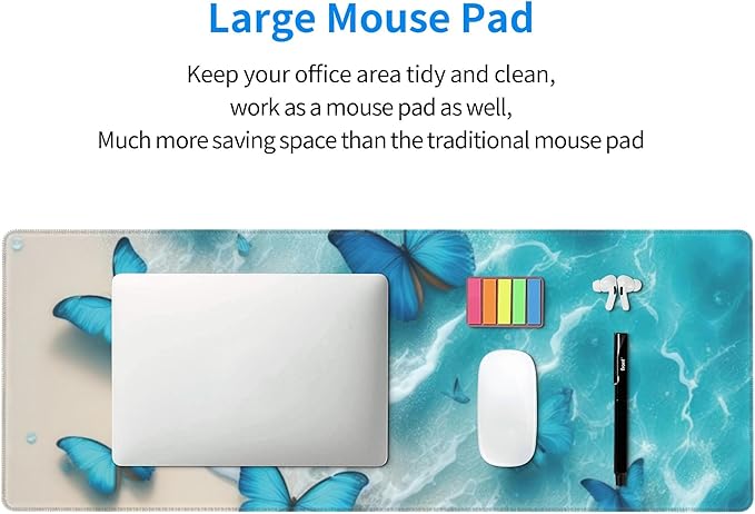 Blue Butterflies Beach Large Mouse Pad, Blue Gaming Desk Mat, XL Keyboard Desk Pad Mat for Desktop, 31.5"x11.8" Non-Slip Base Big Mousepad with Stitched Edges