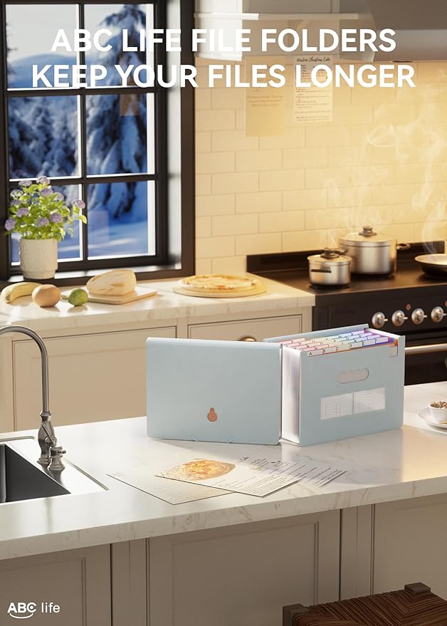 ABC life 26 Pockets Accordion File Organizer, Expanding File Folder, Portable Monthly Paper Bill Tax Receipt Organizer, Letter A4 Size Document Organizer with Blank Labels - Light Blue