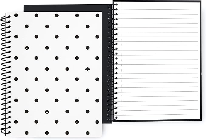 Kate Spade New York Black/White Mini Spiral Notebook, 8.25" x 6.75" Journal Notebook with 112 Lined Pages, Black Spade Dot