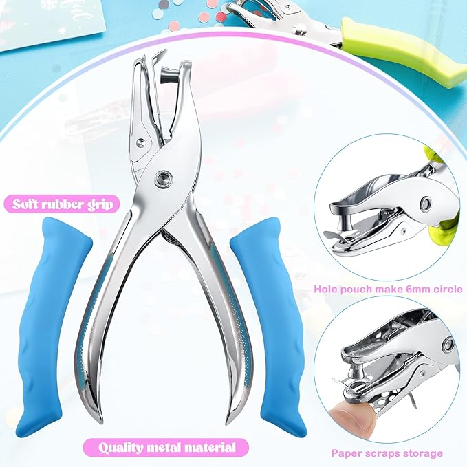 Chumia 12 Pieces Single Hole Punch Handheld 1/4 Inch Hole Paper Punch with Grip Handles Circle Single Shape Puncher for Craft Paper Greeting Cards Scrapbook Notebook(Multicolor)