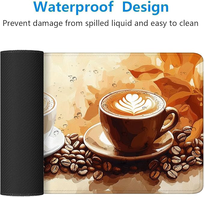 Coffee Desk Mat Gaming Mouse Pad Coffee Beans Leaves Leisure Work Large Gaming Mouse Mat with Stitched Edges,Non-Slip Waterproof Rubber Base Mouse Mat Office Computer Keyboard Laptop Home 31.5"x11.8"