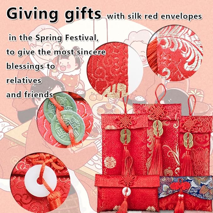 12 Pieces Silk Red Envelope Chinese Red Pocket Lucky Money Hong Bao Card Envelope for Spring Festival Wedding New Year Birthday, 12 Styles with Chinese Knot Jade Pendant Copper Coin