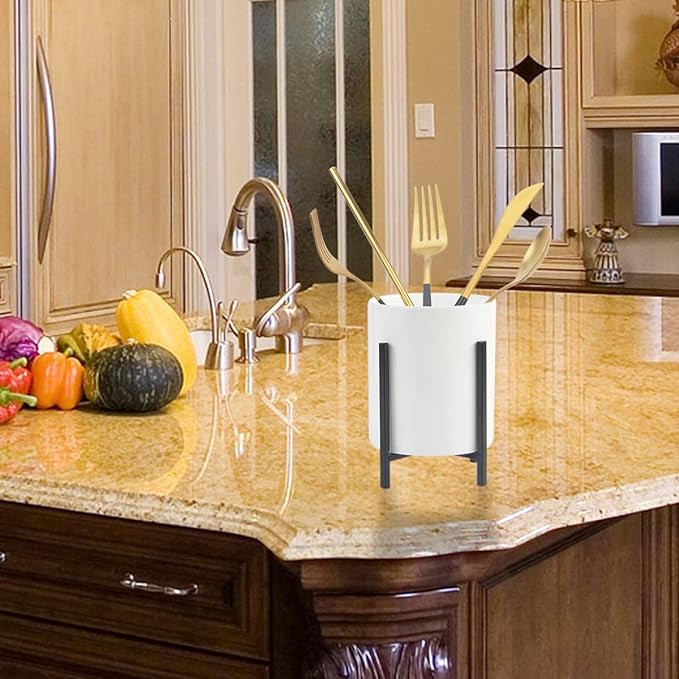 Durable Ceramic Pen Cup, Desk Ceramic Pencil Cup with Metal Legs, Black and White Pen Holder Cup for Office, Desk Decor for Women Girls