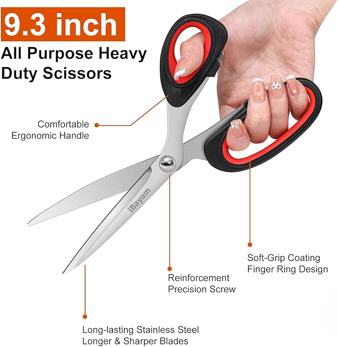 Scissors All Purpose, 9.3 Inch Scissors Heavy Duty Stainless Steel Shears for Home Household Cutting Fabric Leather, Sewing Shears, Paper Box Cutter, Package Opener, Hand Cutting Tools