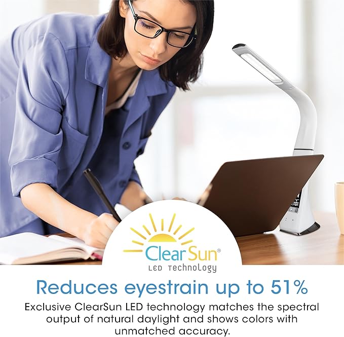 OttLite Thrive LED Sanitizing Desk Lamp with Clock and USB Charging - Eliminates up to 99.9% of Bacteria, Touch Activated, Flexible Neck, Modern Light for Reading, Crafting & Office Desktop