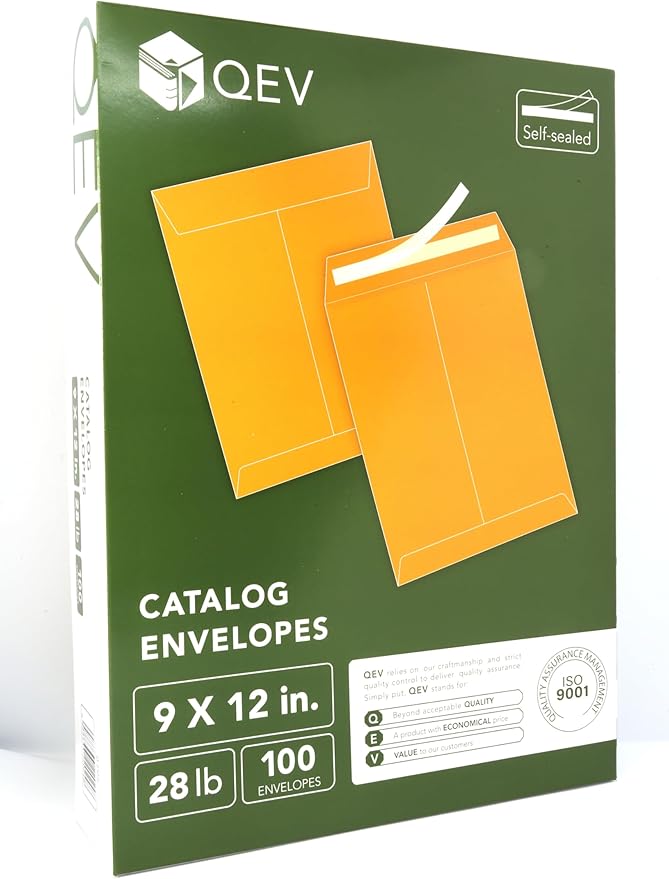 Manila Envelopes 9x12, 28lb Brown Kraft Paper, Self Seal adhesive tape, 100 count