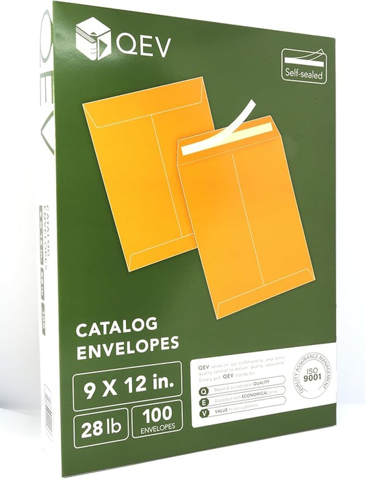 Manila Envelopes 9x12, 28lb Brown Kraft Paper, Self Seal adhesive tape, 100 count