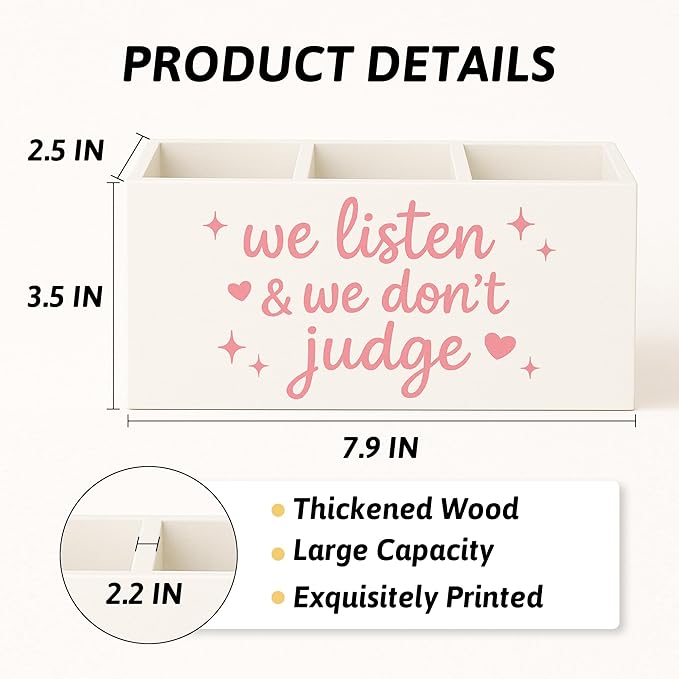 Pink Mental Health Wooden Pen Holder for Desk, Therapy Counselor Office Decor Must Haves, We Listen and We Don't Judge Inspirational Pencil Holder for Desk Decor