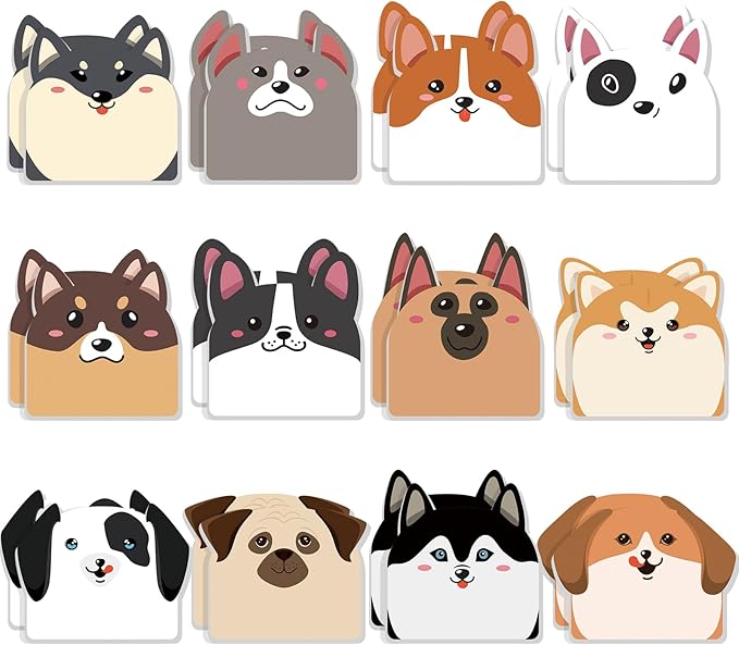 Yinder 24 Pads Cute Sticky Notes Kawaii Fun Animal Sticky Notes Pads Bulk Cartoon Memo Self Adhesive for Veterinary Gift Office School Tab Party Supplies(Dogs)