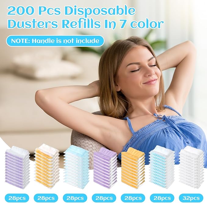 Mimorou 200 Pcs Disposable Dusters Refills Bulk Heavy Duty 180° Multi Surface Replacement Dusters for Cleaning Ceiling Fan with Microfibers Unscented (Bright Colors)