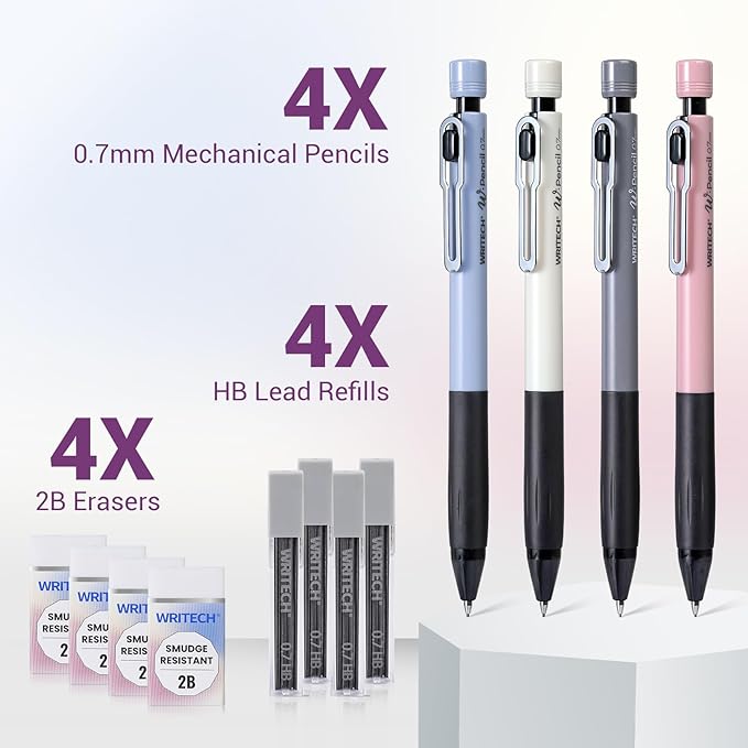 WRITECH Up Mechanical Pencil Set: 4ct Colorful Barrel 0.7mm Mechanical Pencils with 4 Tubes of HB Lead Refills and 4 Extra Erasers for Writing Drawing Sketching Drafting