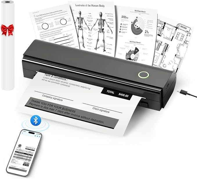 Portable Thermal Printer For Travel - N80 Inkless Bluetooth Printers, Wireless Impresora Portátil with 8.5"x11" US Letter Thermal Paper, Compatible with Phone, iOS, Android, Laptop For Home Office Car