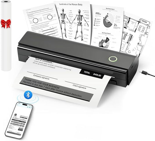 Portable Thermal Printer For Travel - N80 Inkless Bluetooth Printers, Wireless Impresora Portátil with 8.5"x11" US Letter Thermal Paper, Compatible with Phone, iOS, Android, Laptop For Home Office Car