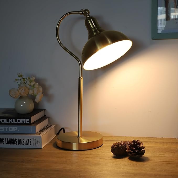Gold Desk Lamp with 59” Plug in Cord On/Off Switch, Adjustable Table Lamp for Bedroom, Coffee, Dorm Lighting Decor (E14 Bulbs not Included)