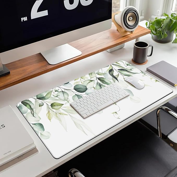 Large Gaming Mouse Pad for Desk, Watercolor Green Leaves and Branches Desk Mat for Desktop, Non-Slip Rubber Base Stitched Edges Long Computer Keyboard Mouse Mat Desk Pad for Home Office 35.4"X15.7"
