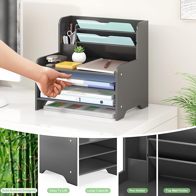 Bamboo Desk Organizer Mail Holder Countertop Letter Tray File Desktop Mail Holder Countertop Organizer for Desktop Letter Sorter Paper File Storage for School Home Office Supplies