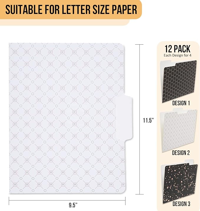 Y YOMA 12 Pack Rose Gold File Folders Letter Size Decorative File Folder Cute Pretty Colored Heavyweight Filing Folder File Organizers for Office School Home Desktop with 1/3-Cut Tab, Black & White