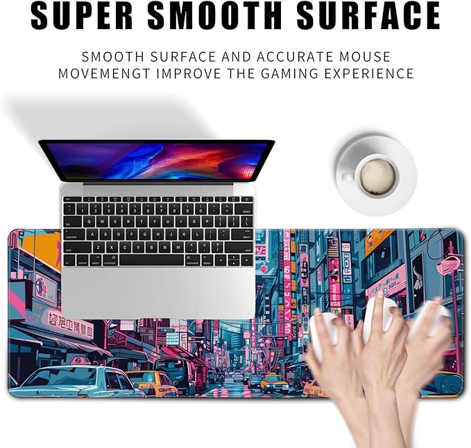 Japanese Mouse Pad Desk Pad 80s City Desk Decor Mat, Large Gaming Mouse Pad for Desk Computer Keyboard Laptop, Desk Decor Home Office Accessories (31.5x11.8 in)-with Stitched Eges Pad