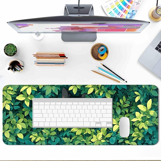 Anime Cute Cat Desk Mat, Watercolor Pretty Green Leaves Extended Large Gaming Mouse Pad, Computer Keyboard Laptop Mousepad for Work, Game, Office and Home, XL