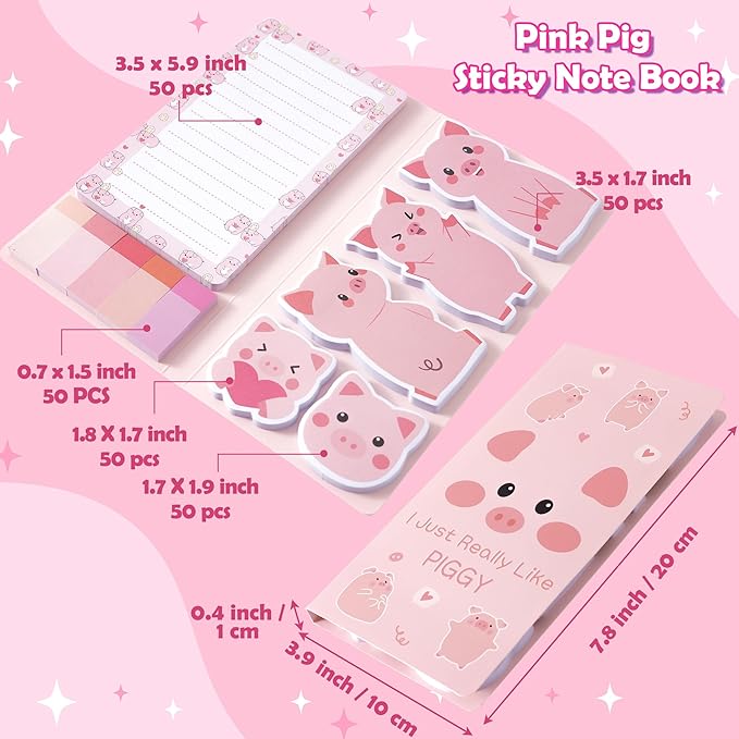 B1ykin Sticky Notes Set, Cartoon Theme Cute Self-Stick Notes Pad Teacher Appreciation Gifts， Self-Adhesive Writing Memo Pages Sticky to Do Notepad for Kids Employee School Office (Pink Piggy)