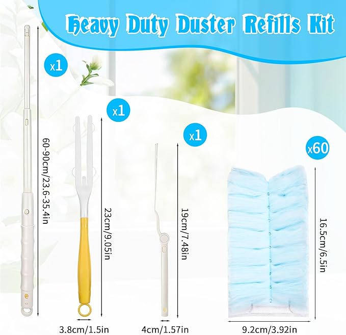 AOZUO 60 Count 360° Duster Refills, Disposable Heavy Duty Duster Refills Kit with 2 Handles, Microfiber Duster Feather Duster Electrostatic Lock-Dust System for Cleaning Furniture, Blinds, Electronics