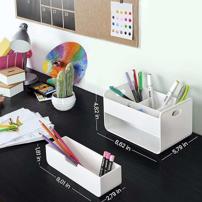 ARTEZA Small Desk Organizer with Drawer – Portable White Caddy with Pen Holder, Lightweight Office Supply Storage for Desk, Classroom, or Dorm