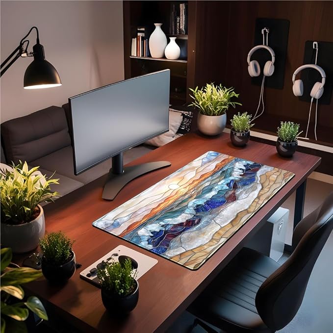 Mountain Sunrise Gaming Mouse Pad Large Desk Mat Extended Mouse and Keyboard Pad, Faux Stained Glass Nature Mousepad with Stitched Edge Mouse Desk Pad Computer Mat Soft Aesthetic Decor 31.5 X 15.7 in