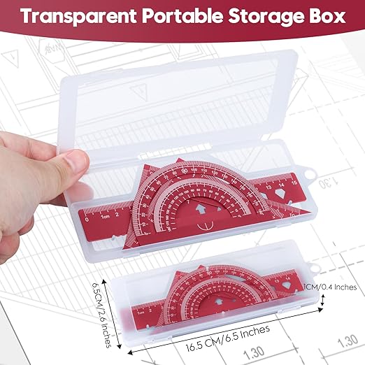 MSDADA Triangle Ruler, Protractor, Square and Ruler Set, 4 Pieces Aluminum Alloy Ruler, Metal Drafting Ruler Kit, Geometric Protractor for Student, School, Home, Office (Red, 15cm/5.9inch)