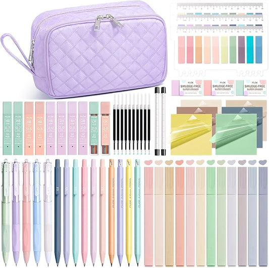 62PCS Aesthetic School Supplies with Cute Pencil Case, Pastel Highlighters Black Ink Gel Pens Mechanical Pencils Kit, Back to School Supplies College Essentials Preppy Stationary Set for Student Girls