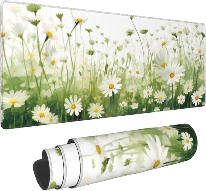 Daisy Flowers Large Mouse Pad, Floral Gaming Desk Mat, XL Keyboard Desk Pad Mat for Desktop, 31.5"x11.8" Non-Slip Base Big Mousepad with Stitched Edges