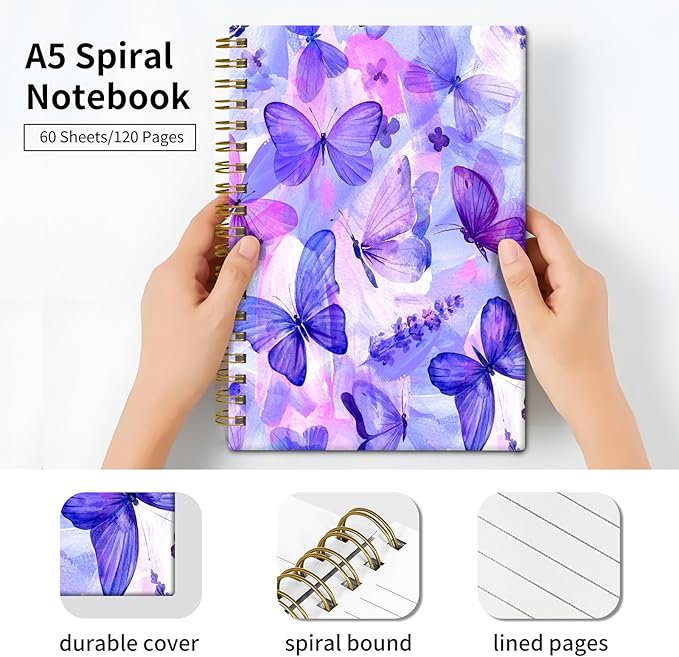 Spiral Journal Notebook, Hardcover Lined Journal for Women, Medium 6 x 8.4 in, 120 Pages Thick Paper, College Ruled Notebook for Writing, Work, Office, and School,Blue Purple Butterfly