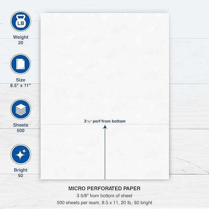 PrintWorks Professional 3 5/8" Horizontal Perforated Paper 8.5” x 11” - Perfect For W-2, 1099, & Statement Use - Made in the USA - 500 Sheets - 24 lb - Printer Compatible - White (04134)