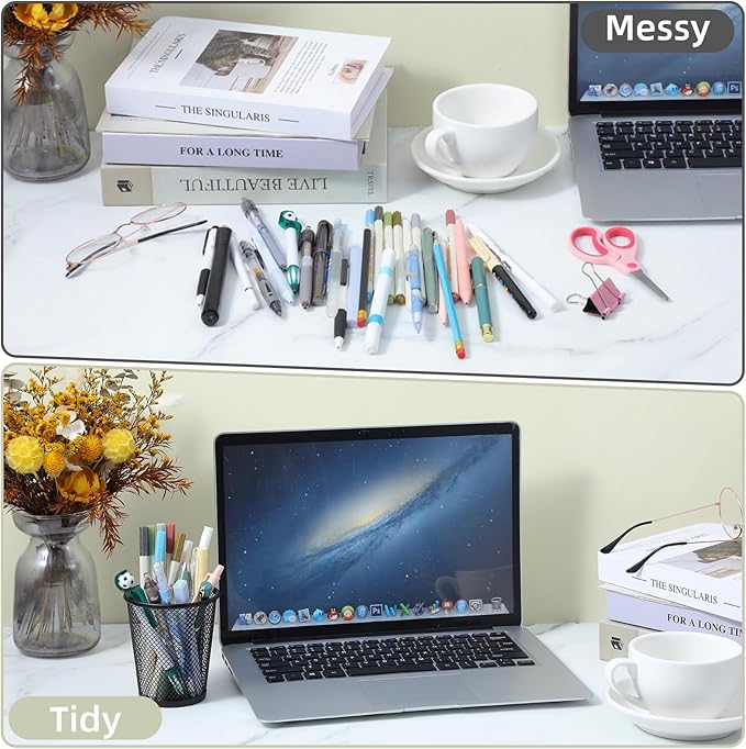 15Pcs Pen Holder for Desk, Black Mesh Pencil Cup Holder for Desk, Round Mesh Pen Holders, Makeup Brush Holders Pens Cup Bulks for Home & Office