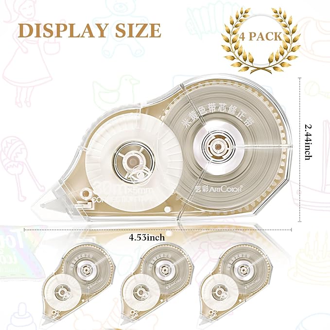 Zonon Correction Tape Cream Color Beige Corrective Tape Eraser 100 Feet Long for School Office Supplies Crafting, Note Taking, Journal, Case Color May Vary (4 Pieces)