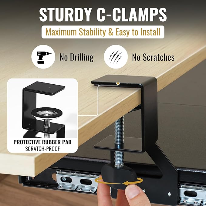 Keyboard Tray Under Desk Slide Out – Large 27" (31" Wide with Clamps) Computer Drawer Pull Out with Sturdy C-Clamp Mount, Ergonomic Keyboard Holder Under Desk Tray, Black