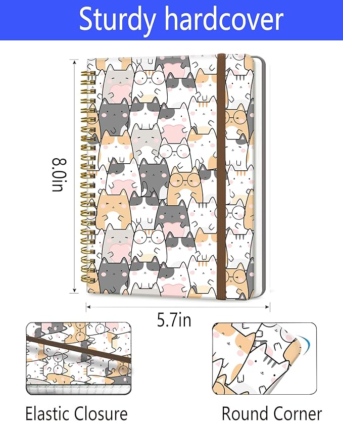 Spiral Journal Notebook, A5 Cute Notebooks for Women Men, College Ruled Hardcover Notebook for Work & Note Taking, 60 Pages Double-Wire Journals for Writing, Cute Gentle Cats