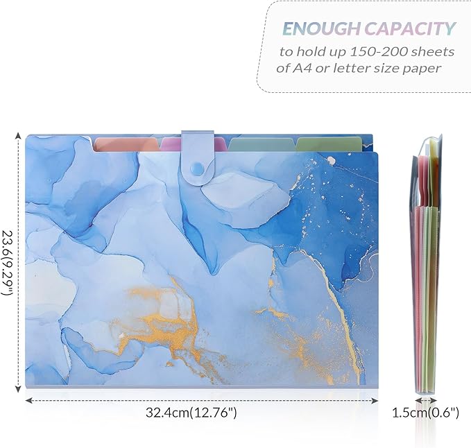 SKYDUE 5 Pockets Expanding File Folder, File Folders, Cute Accordion File Organizer with Labels (1 Pack, Blue)