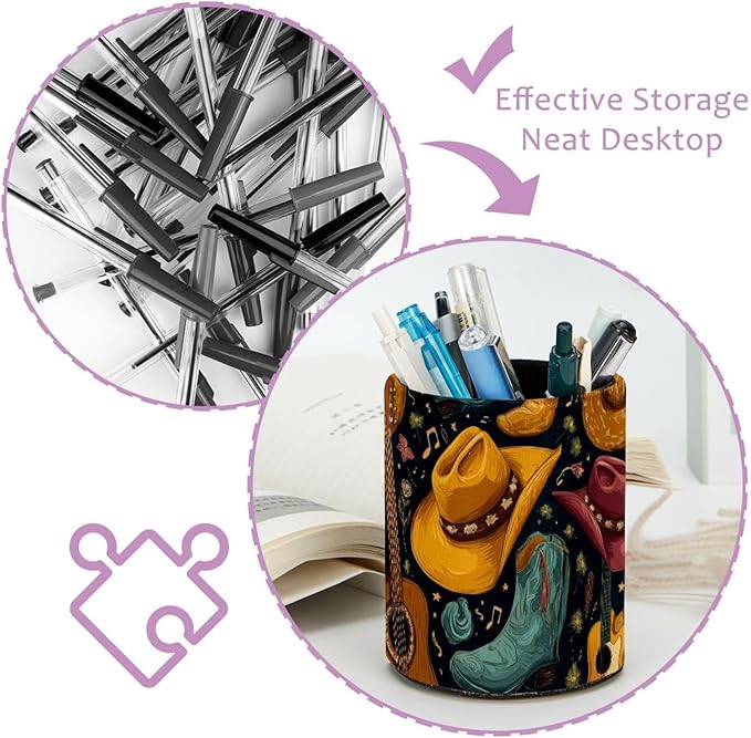 Western Cowboy Hat Circular Pen Holder, Pen Cup Makeup Brush Holder, Design for School, Home and Stationary Supplies (3.9 x 3.1 Inches)