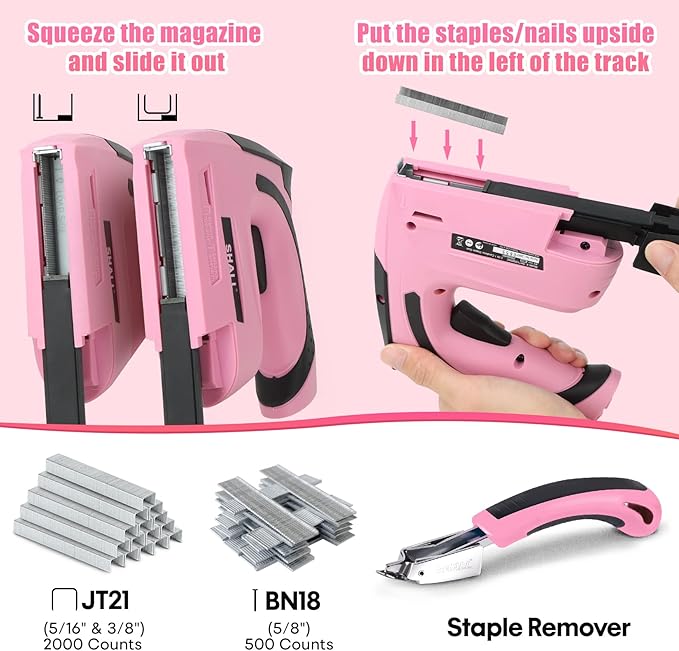 SHALL Pink Electric Staple Gun, 2 in 1 Cordless Upholstery Stapler Nail Gun for Wood, 4V Rechargeable Brad Nailer Kit w/ 2500 Staples Nails, Staple Remover & Fast Charger for Crafts, DIY, Decoration