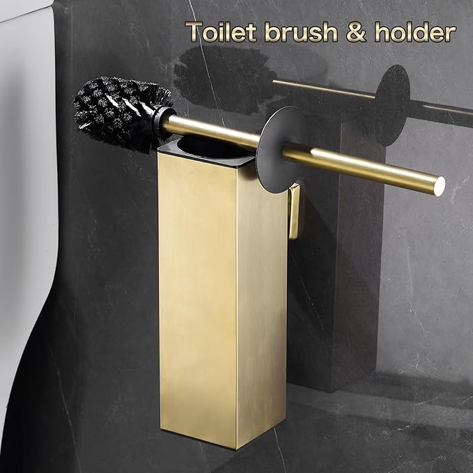 AIREMOEN Toilet Brush Set - Brushed Gold, Wall-Mounted Holder, Cleaning Brush Head, and Splash Guard