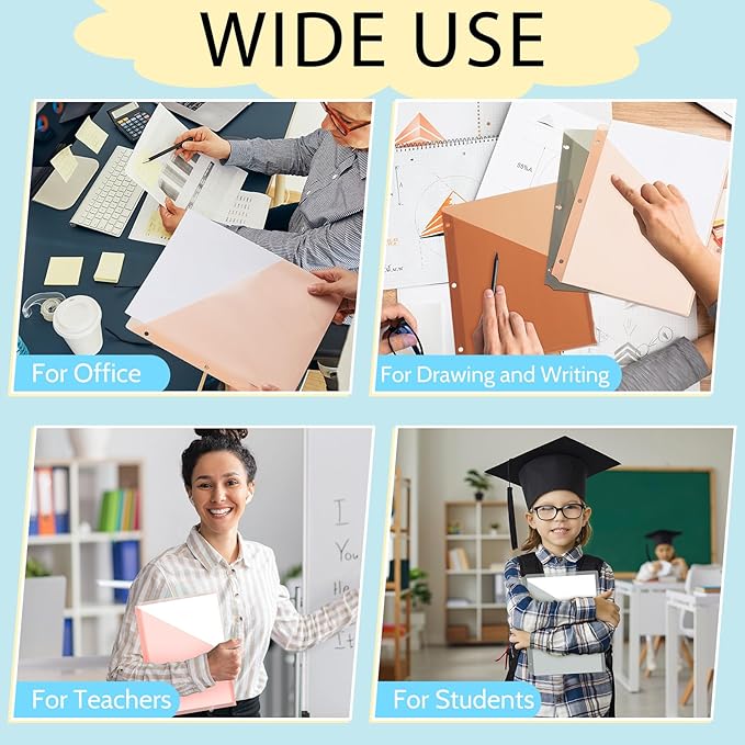 Maitys 50 Pack Binder Pockets 3 Hole Punch Clear Plastic Document Folders Binder Organizer Store Letter Size 8.5x11 Inch Paper Folders with Pockets Slash File Jacket for Office (Vintage Color)