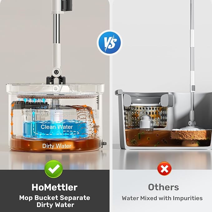 HoMettler Mop and Bucket Set, Dual-Tank Clean/Dirty Water Separation, with Triangular Head & 4 Microfiber Pads for Deep-Cleaning Floors, Versatile Mops for Walls